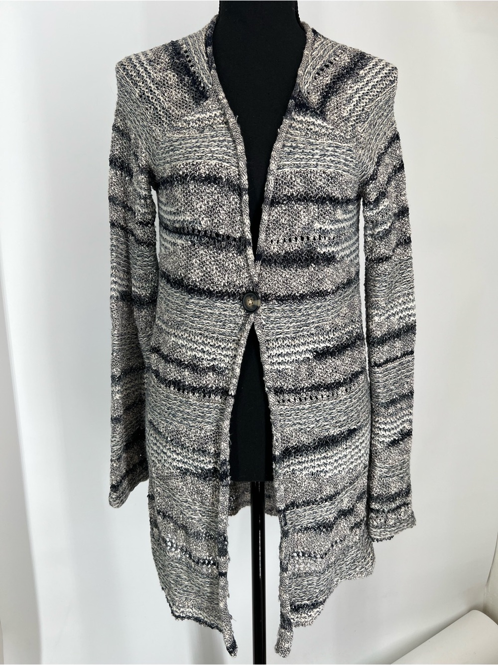 Lucky Brand Black & White Open Front Button Cardigan